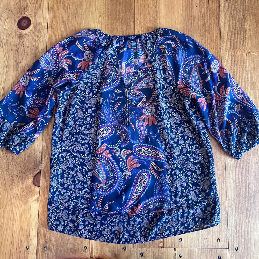 Chaps Petite Navy Blue Paisley Floral Mixed Print 3/4 Sleeve Blouse Small  A9‎